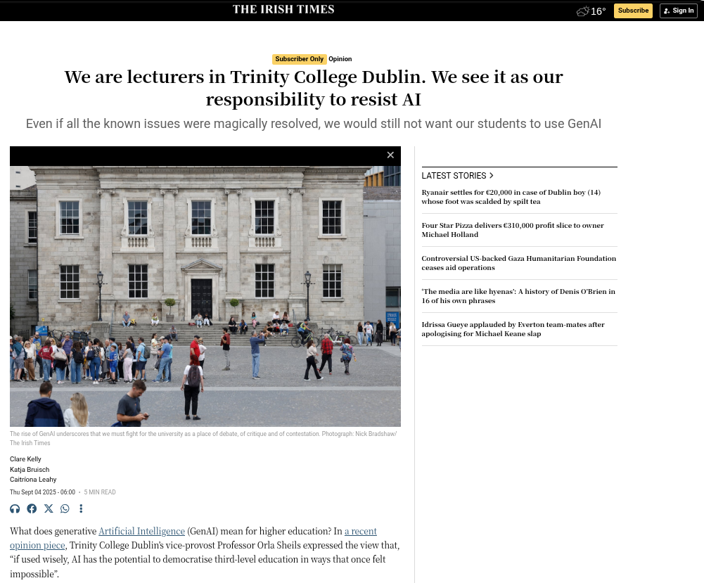 screenshot of Irish Times website, showing the co-authored piece by Kelly, Bruisch and Leahy