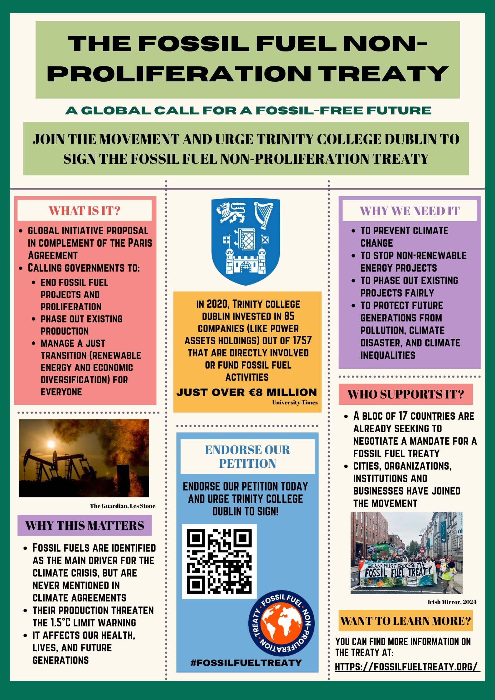 A flyer making a case for Trinity to sign the fossil fuel non-proliferation treaty and asking for signatures to a petition